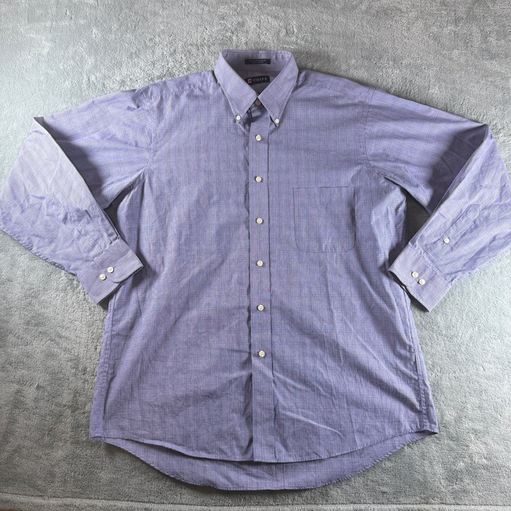 Chaps Mens Blue Micro Check Wrinkle Free Button Down Dress‎ Shirt Large 16-16.5